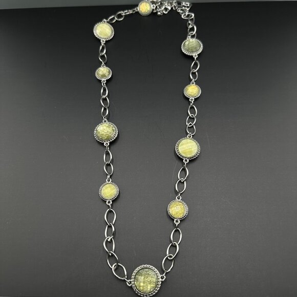 Charming Charlie Necklace Silver Tone Green Yellow Faceted Gem Link Chain 30" - Picture 2 of 9